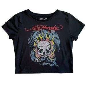Ed Hardy Flaming Skull Black Crop Top Size S/M